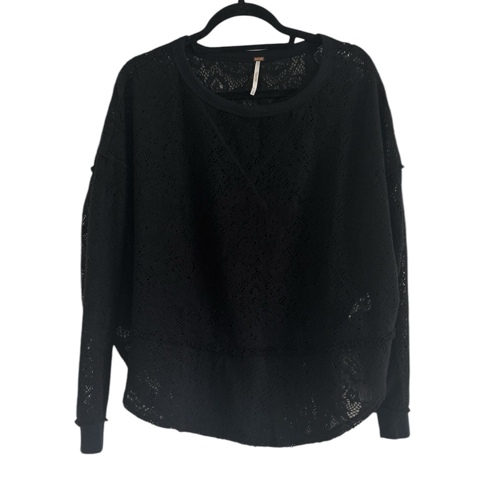 Free People Not Cold In This Knit Lace Black Oversized Top size XS
